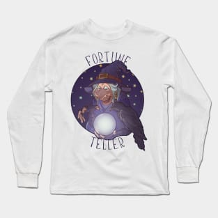 Old witch with her black raven holding a crystal ball and foretelling the future. Funny cartoon style character Long Sleeve T-Shirt